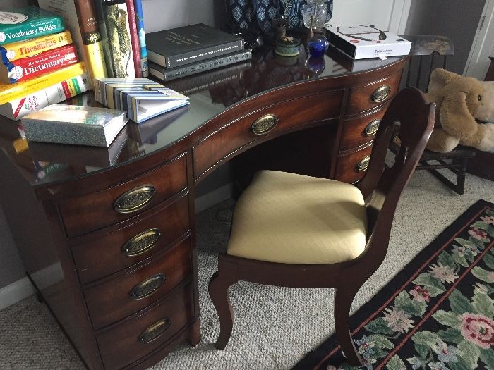 mahogany desk with side chair (desk also has a glass top)