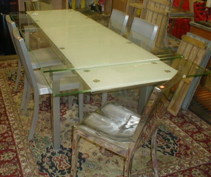 Modern glass top table probably made for Dania by Carolina, chairs sold, sorry