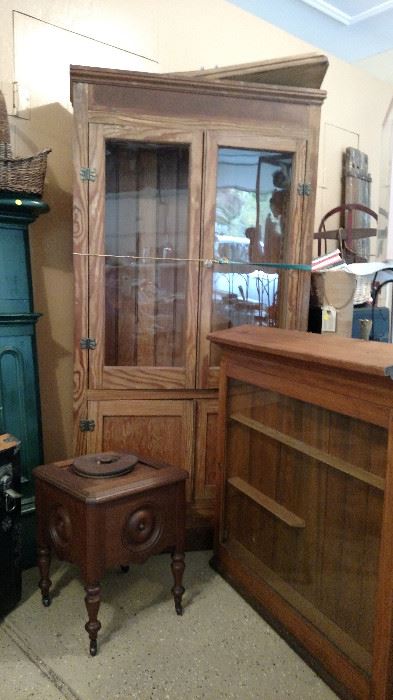 Victorian commode, display case and glass front hutch with wood shelves