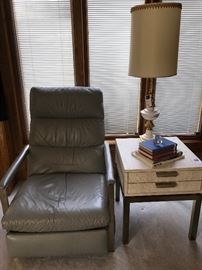 Mid Century Modern leather recliner with chrome, Mid Century Modern floating table with chrome
