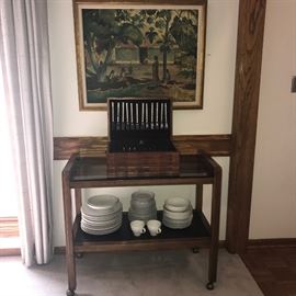 Mid Century Modern server, silver, china, and art decor