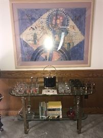 vintage glasses, brass and glass sofa table, art