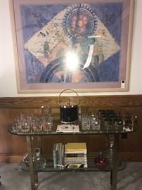 Brass and glass sofa table, art, vintage high ball glasses