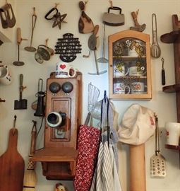 ANTIQUE OAK WALL PHONE / ROLLING PIN / VINTAGE GADGETS THERE ARE WALL FULL OF OLD COOKING UTENSILS