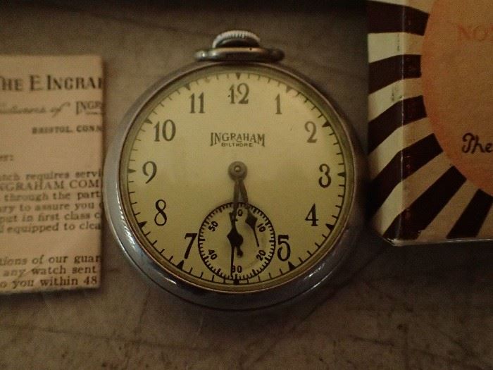 INGRAHAM POCKET WATCH WITH ORIG BOX AND INSTRUCTIONS