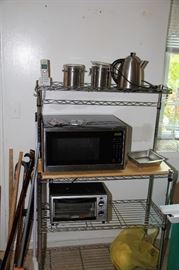 microwave, toaster oven, shelving