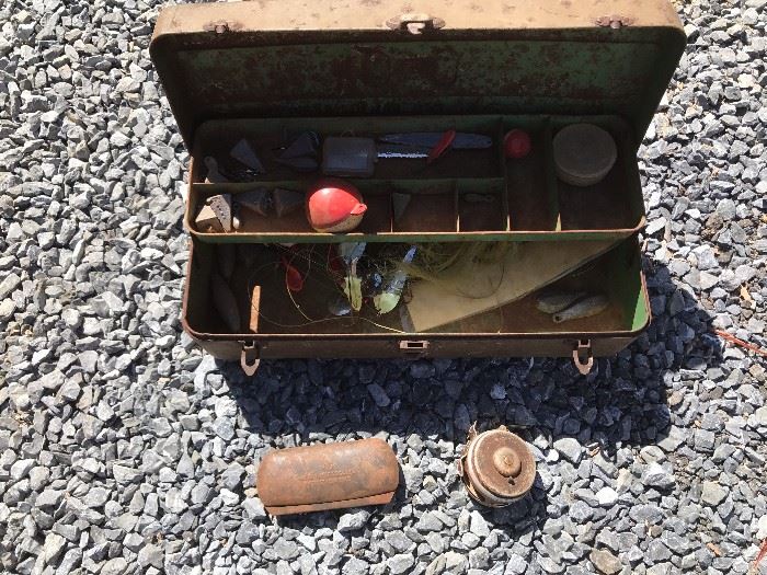 Old Tackle Box, Old Reel, Old Metal Glass Case