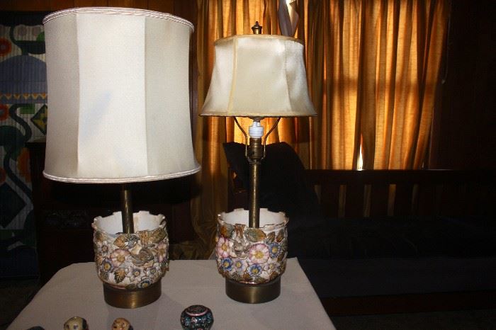 Majolica lamps (French) small chip on one. $75.00 pair