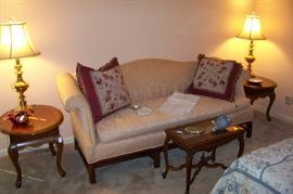 Camel back sofa with pair of matching end tables.