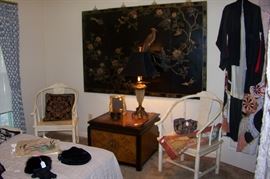 Beautiful laquer 4 panel screen.  Pair of Henredon chairs next to Henredon chest