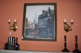 Oil on canvas - Parisian scene - also showing a pair of English wooden candlesticks