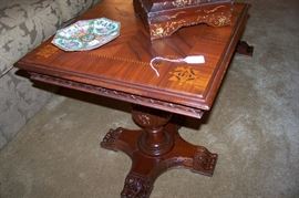 Pair of pull up tables with gorgeous marquetry tops -