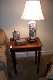 Regency style table with brass trim on legs - beautiful marquetry top, which lifts 