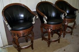 Three leather and bamboo bar stools