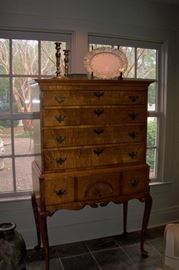 Beautiful bird's eye maple highboy - dovetailed on top and drawers.  C. 1800-1820
