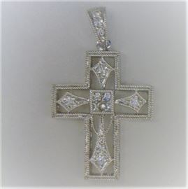 18K white gold filigree diamond cross, .23 ct