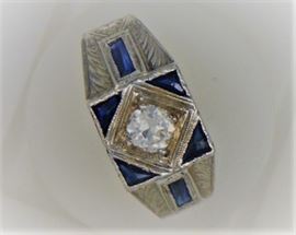 Deco sapphire and diamond ring, 20K white gold, .33 ct diamond