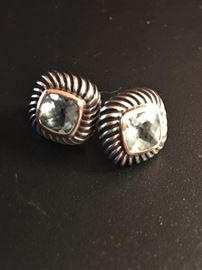 David Yurman sterling silver and 14K gold Albion Blue Topaz earrings.  Stamped D.Y. .585/925.  
