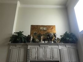 Faux palm plants, assorted vases and urns, 4-panel wall hanging