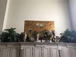 Faux palm plants, assorted vases and urns, 4-panel wall hanging