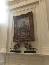 Oil painting in ornate gilt frame, pair of large gilt botanical branches 