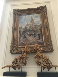 Oil painting in ornate gilt frame, pair of large gilt botanical branches 