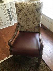 Upholstered occasional chair with leather accent and wood frame. 26" l, 29" d, 45" h