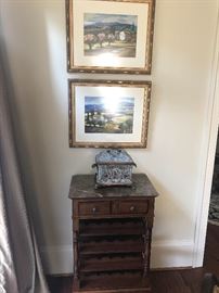 Drexel Heritage marble-topped wine rack. Framed countryside prints (numbered and signed).