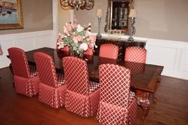 Bernhardt dining room table with 2-leaves, 8-custom upholstered, high backed dining room chairs