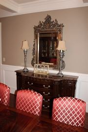 Bernhardt marble topped buffet, pair of candlestick table lamps, ornate carved mirror with gilt finish