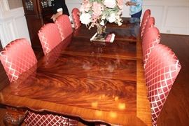 Bernhardt dining room table with 2-leaves, 8-custom upholstered, high backed dining room chairs