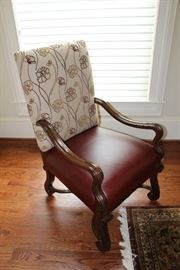 Upholstered occasional chair with leather accent and wood frame. 26" l, 29" d, 45" h