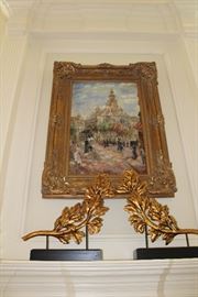 Oil painting in ornate gilt frame, pair of large gilt botanical branches 