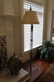 John-Richard lidded-urn, floor lamp, faux palm plant