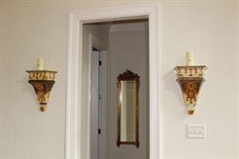 Pair of painted sconces, gilt framed mirror