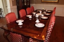 Bernhardt dining room table with 2-leaves, 8-custom upholstered, high backed dining room chairs, Waterford Trapani china (dinner service for 8, tea service for 12) & Gorham crystal stemware