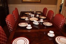 Bernhardt dining room table with 2-leaves, 8-custom upholstered, high backed dining room chairs, Waterford Trapani china (dinner service for 8, tea service for 12) & Gorham crystal stemware