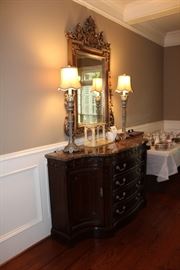 Bernhardt marble topped buffet, pair of candlestick table lamps, ornate carved mirror with gilt finish