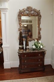 Bernhardt marble topped chest, pair of Currey & Co. decor obelisks, ornate distressed gilt framed mirror