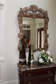Bernhardt marble topped chest, pair of Currey & Co. decor obelisks, ornate distressed gilt framed mirror
