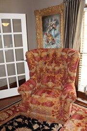 Highland House upholstered chair, oil painting depicting floral still-life in ornate gilt frame
