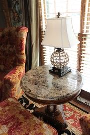 Marble topped side table, table lamp