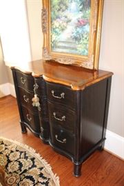 Drexel Heritage Chest, Round Rug, & Oil Painting. Chest: 45" l, 21" d, 40" h. Painting: 34" l, 39" h (framed)