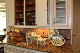 Assorted Kitchenwares and woven baskets. Containers/canisters & platters are hand painted & from Italy. 