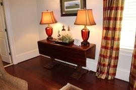 Trestle Style Drop Leaf Table, pair of table lamps