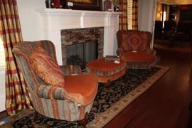 Pair of Highland House Leighton chairs with matching ottoman, hand knotted runner rug