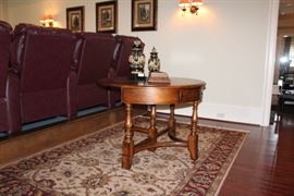 Drop leaf gateleg table with wood inlay, hand knotted 6' x 9' rug