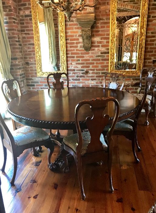 Still available - Formal 72" round dining table with 6 armless chairs and two captains chairs
