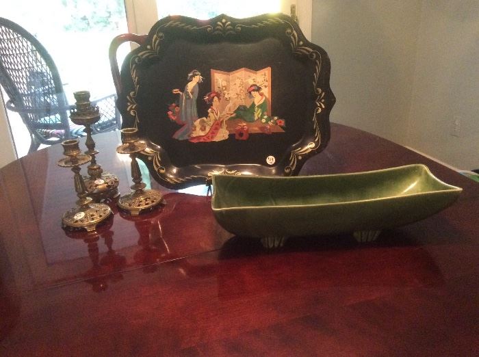 Vintage hand painted tray, brass candlesticks, Sebring planter