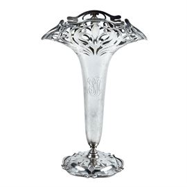 Art Nouveau Sterling Silver Trumpet Vase by Wright Kay & Co.: An Art Nouveau trumpet vase by Wright Kay, Co. in sterling silver having ornate pierced work at both the wide, flared rim and the round base. The vase is monogrammed in fancy script (GM?) at the front and stamped to the bottom of the base “Wright Kay Co. Sterling”. The total weight is 12.82 ozt